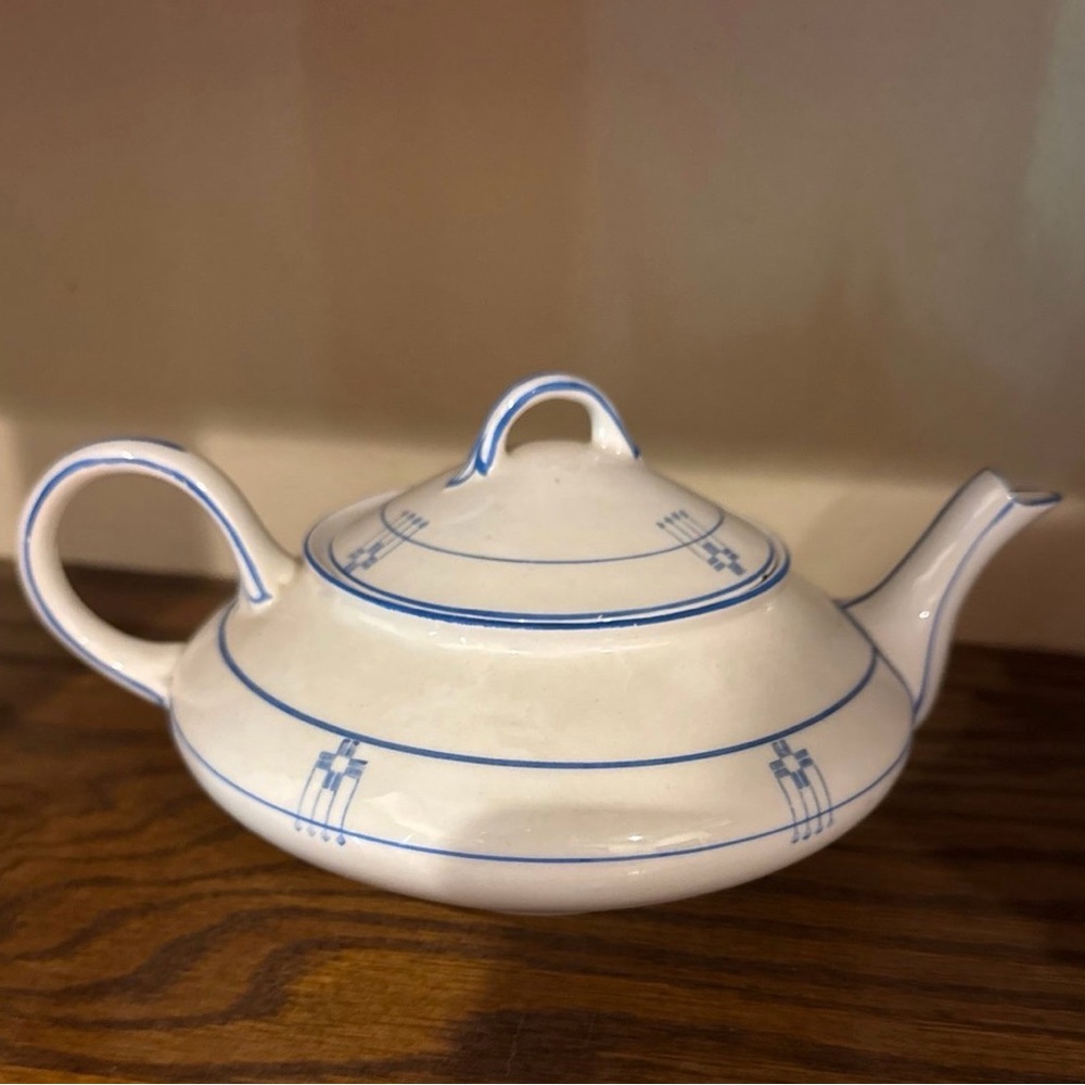 White Ceramic Teapot with Blue Banding